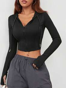 1pc Women's Lightweight Sporty Jacket, Short Zip-Up Outerwear, Fashion Streetwear, With Thumb Holes, Suitable For Gym, Outdoor, Casual Workout, Commuting, Autumn/Winter - Black - View 5