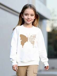 2 件套青少年女孩春秋长袖运动衫和工装裤套装，蝴蝶和字母印花，休闲，舒适，时尚 - 卡其色 - 查看 4