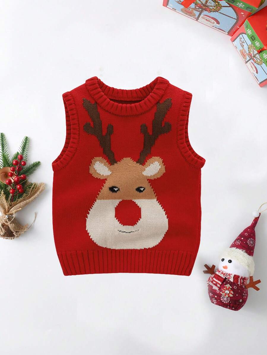BOARNSEORL Baby Boy Red Knitted Vest With Christmas Reindeer, Suitable For Holiday Parties, Christmas - Red - View 1