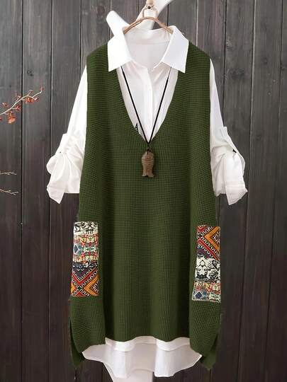 Plus Size Casual V-Neck Random Print Pocket Knit Sweater Dress