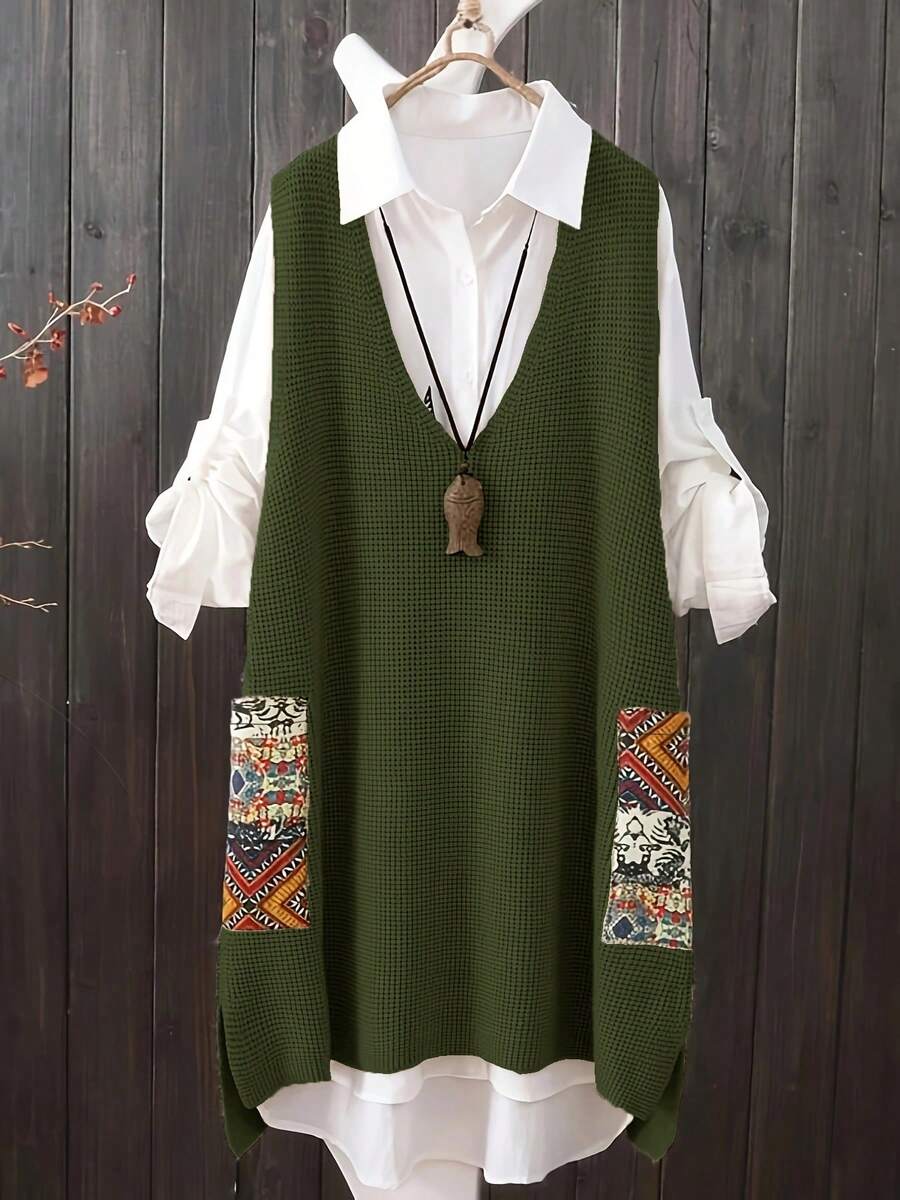 Plus Size Casual V-Neck Random Print Pocket Knit Sweater Dress - Army Green - View 1