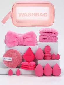 NEFOUME 21件套面部护理套装，包含防水洗漱包 + 8个化妆海绵（8个水滴形/圆形/锥形）| 防水腕带1对 + 蝴蝶结发带 | 多层收纳设计 | 清洁及发饰，价格实惠，适合作为圣诞礼物、化妆品、化妆工具等。