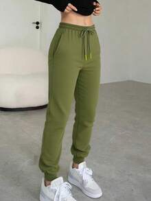 Pantalones De Cintura Alta Para Mujer Con Bolsillos En Diagonal Y Costura al frente - Verde militar - Ver 2