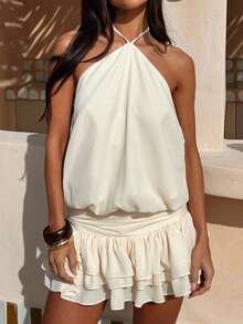 Women's Summer Mini Dress Plain Halter Neck Backless Layers Ruffle Hem Mini Dress A Line Going Out Dress - White - View 1