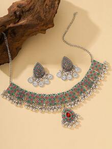 3pcs Luxury Aluminum Alloy Earrings + Colorful Crystal Necklace Fashion Jewelry Set, Suitable For Women To Wear At Banquets Or Weddings - Jhumka - View 15