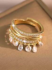 jealous young 1pc Glamorous Vintage Cross Water Drop Tassel Cubic Zirconia Wedding Rings,Shiny Multilayer Geometric Ring For Engagement Party ,Daily Accessories - Yellow Gold - View 7