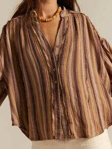 Women Front Button Down Vintage Plaid Striped Batwing Blouse Shirt Y2k Long Sleeve V Neck Gingham Frees Checkered Linen People Swing Crop Tops - 棕色 - 查看 4