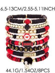 7/8Pcs Game Day Football Sports Themed Polymer Clay Beaded Bracelet Set - Stackable Red White & Red Black Team Spirit Bracelets For Women - Olives - View 8