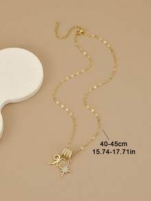 1 件时尚方晶锆石几何不锈钢女士项链，适合日常佩戴，饰有海星、贝壳、足迹、八瓣花、蝴蝶、莲花、八角星、向日葵、硬币徽章、金色珠宝、高品质镀金项链、女士黄金配饰、万圣节礼物、圣诞节礼物