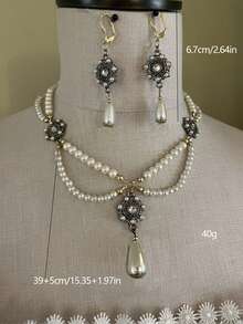 3 Piece Fashionable Floral Diamond Vintage Style Faux Pearl Women's Multi-Layer Beaded Necklace And Earrings Set - 彩色 - 查看 2