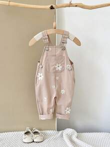 Baby Girls' Casual All-Over Embroidered Floral Light Blue Suspender Pants, Summer