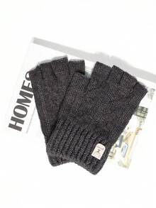 1双纯色涤纶（聚酯纤维）针织半指手套，男女通用鹿形办公室工作手套，秋冬