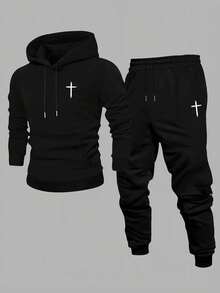 Men's Cross Graphic Printed 2pcs Set, Casual Hooded Long-Sleeve Sweatshirt And Jogger Pants Outfit, Suitable For Winter And Autumn, Sportswear Set - Đen 9 - Xem 1