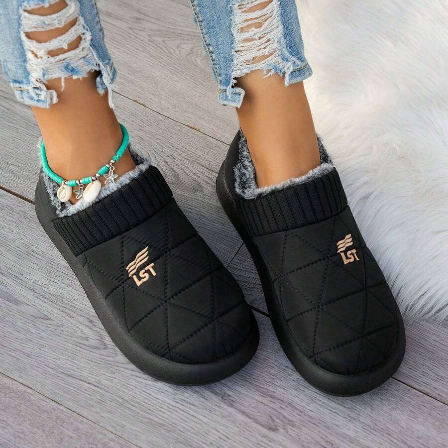 Zapatos de algodón cálidos de forro polar grueso para mujeres de invierno, antideslizantes, impermeables, a prueba de aceite, cómodos, zapatos de mamá, oficina casual, exportación - Negro - Ver 1