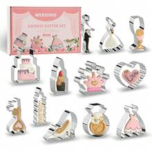 Juego de 12 cortadores de galletas de acero inoxidable con motivos de boda y criaturas marinas, que incluyen novia, novio, sirena, anillo de compromiso y talla grande. Perfectos para decorar pasteles, obsequios de fiesta, celebraciones de compromiso, postres de aniversario y hornear para el Día de San Valentín. - Plateado - Ver 5