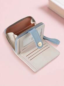 New Korean Style Folding Buckle Short Women's Wallet, Japanese Cute Cat Cartoon Integrated Card Holder, Student Bag, Zipper Coin Purse Wallet - màu xanh bột - Xem 6