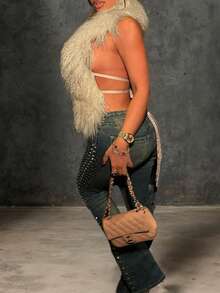 Women's Sexy Backless Faux Fur Vest Jacket With Deep V-Neck And Tie Back, Suitable For Autumn/Winter - Khaki - View 3