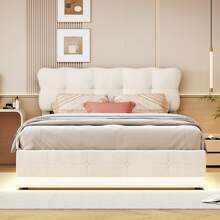 MISNODE Double Bed 140x190/140x200/160x200 Cm, Hydraulic Bed With Slatted Base, Children's Bed, Upholstered Bed, Youth Bed With Storage, Beige, Velvet, Suitable For Adults And Teenagers - 米色 - 查看 2