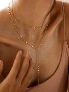 1 件不锈钢 18k 镀金双层项链长款多层项链优雅闪光链长吊坠锁骨项链女士日常佩戴珠宝 - Y Necklac - 查看 1