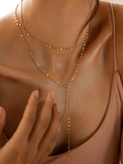 1 pieza Collar de doble capa chapado en oro de 18k de acero inoxidable, collar largo de cadena brillante elegante, collar de clavícula con colgante largo para uso diario de las mujeres