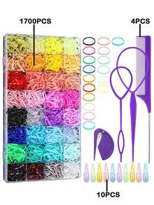 32 màu dây chun, 1700 chiếc dây buộc tóc co giãn màu ngẫu nhiên, bao gồm 4 dụng cụ tạo kiểu tóc và 10 kẹp tóc, phụ kiện tóc cho bé gái. - Nhiều màu - Xem 2