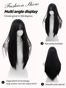 alicegarden 1 Synthetic Heat-Resistant Wig, Black Long Straight Wig With Bangs, 28 Feet Long, Made Of Fiber, Suitable For Daily Use, Natural Simulation Wig