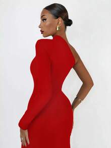 Christmas Women's Fashion Spring Summer Sexy Elegant Red Long Sleeve One Shoulder Long Bodycon Dress Party Cocktail Evening Dress Clothes - Red - View 9