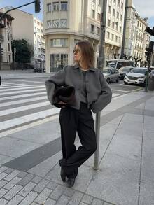 Women's Tweed Cropped Jacket - Modern Tailored Blazer Casual Elegance Short Coat - Grey - View 5