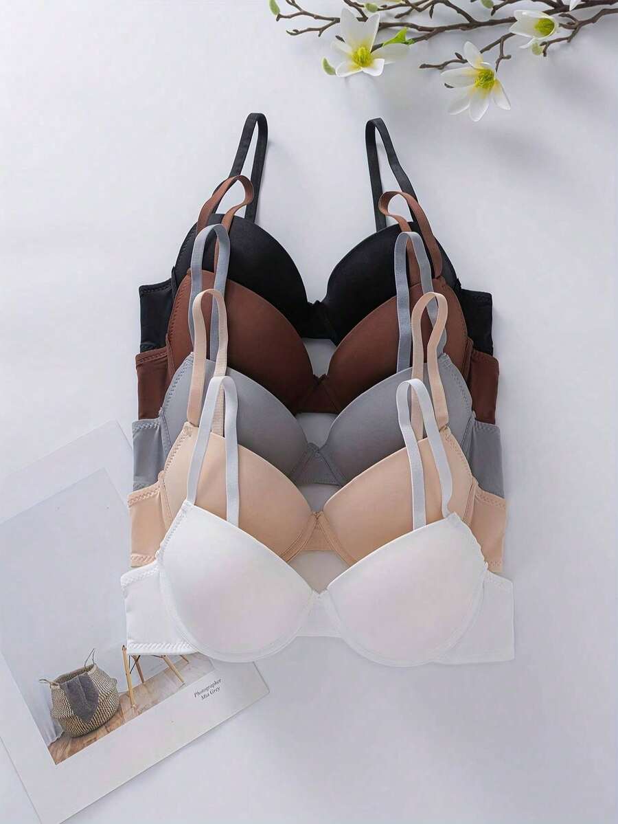 Women's Solid Color Bra With Underwire, 5pcs/Set - Multicolor - View 1