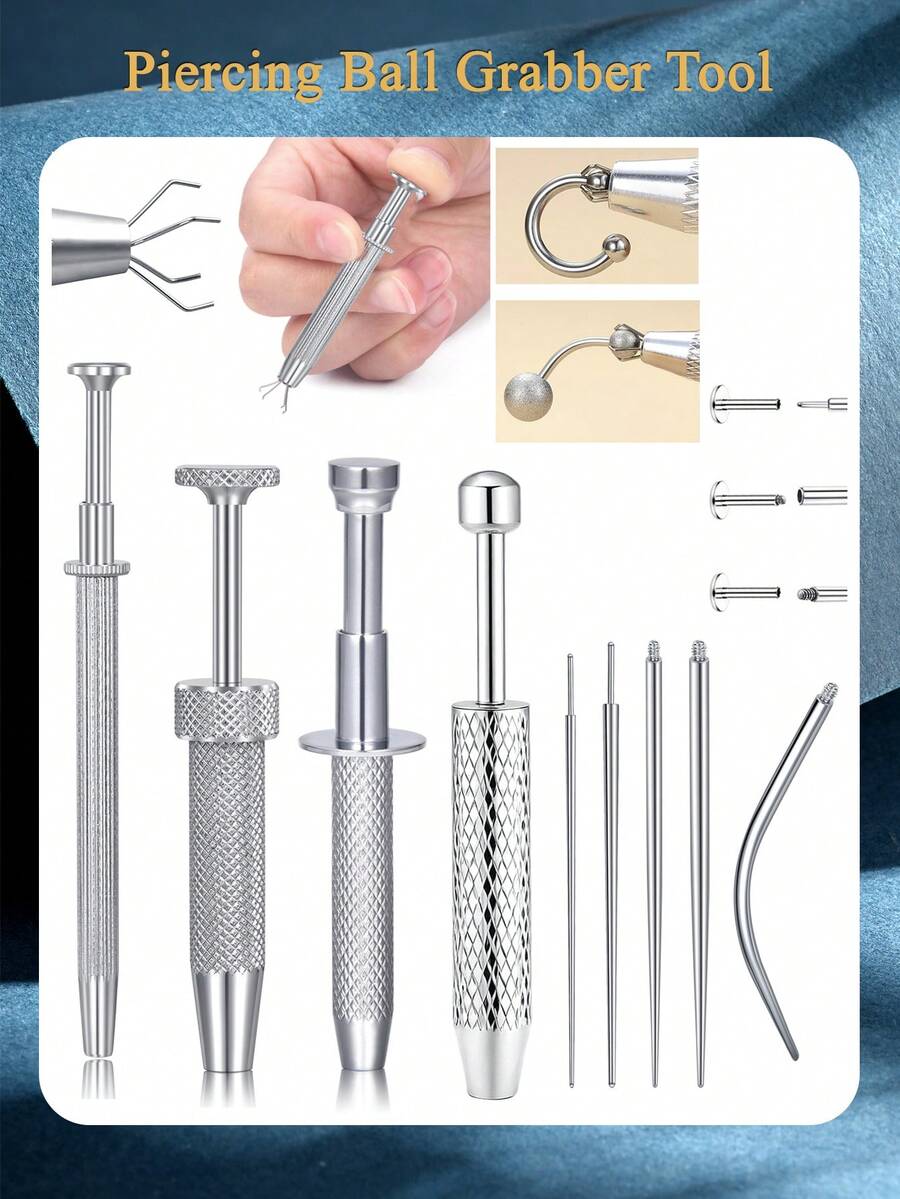 不锈钢穿刺钳工具套装 - 人体穿刺配件，方便安装和拆卸唇部、鼻部、软骨饰品，包含16G、18G、20G无螺纹穿刺针和内螺纹穿刺工具 - 銀色 - 查看 1