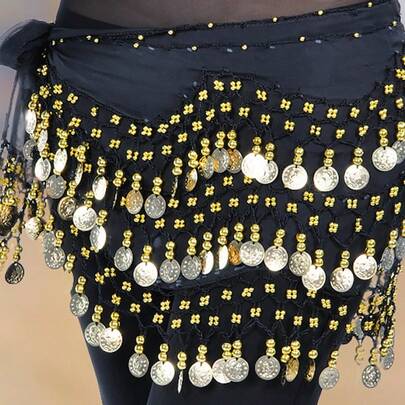 1pc Belly Dance 98 Coins Waist Chain, 3-Layer Dance Gold Coin Waist Belt, Dance Practice Hip Scarf