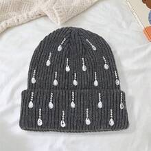 Knit Rhinestone Embellished Hat For Women, Winter Warm Beanies Cap For Outdoor Shopping, Dating, Ski - Màu xám đen - Xem 5