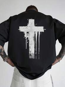 Camiseta blanca desgastada para hombres con estampado de cruz en la espalda - Camiseta casual de cuello redondo de manga corta para verano con gráfico en la espalda, lavable a máquina, usable para el día a día y atuendos casuales - Camiseta neutra versátil para eventos sociales y ropa de oficina - Negro - Ver 1