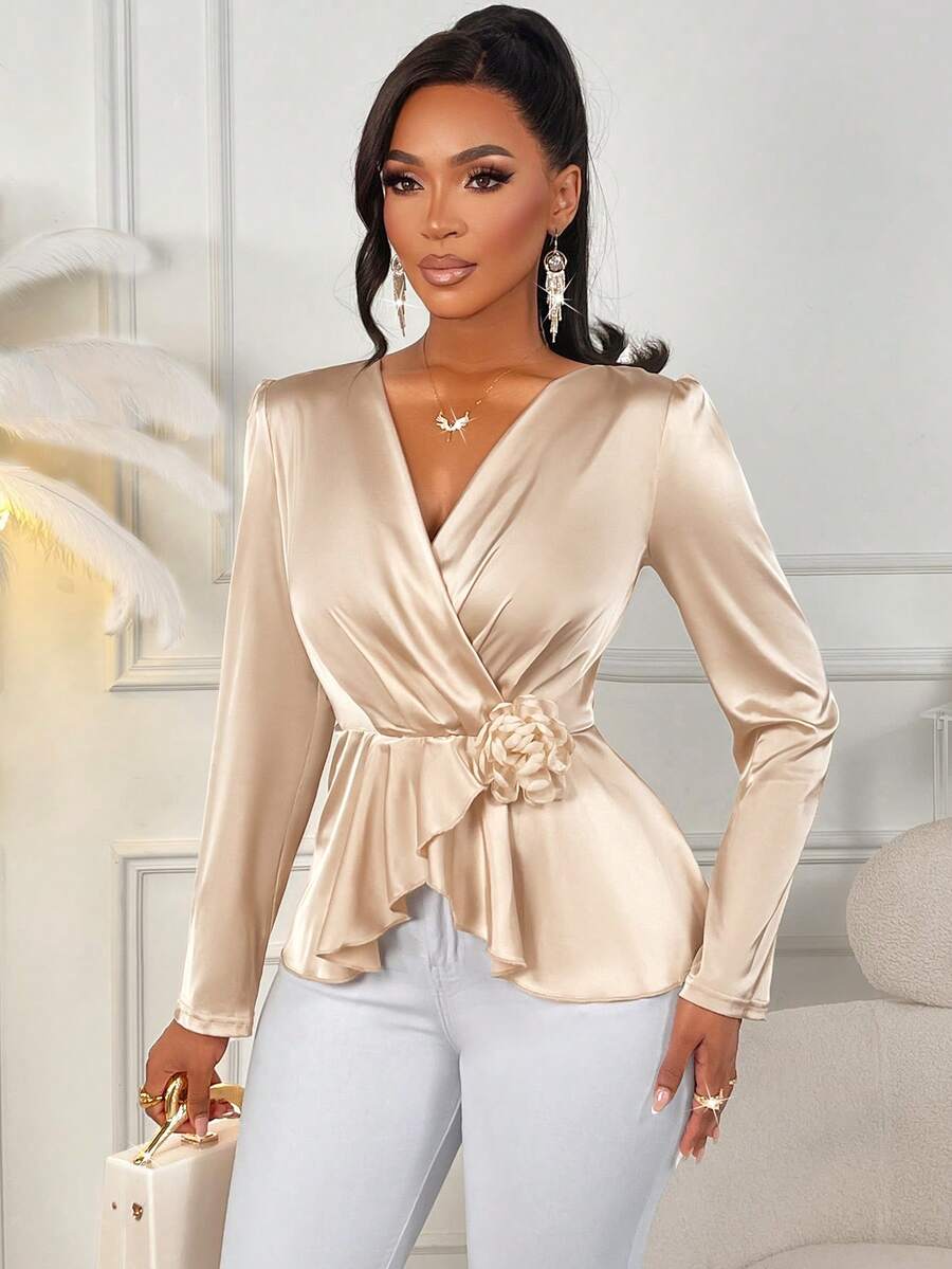 AIJ Amarilo Damen Champagner Satin Patchwork Blumen Muster elegante Bluse, geeignet für tägliche Fahrten, Geschäftsessen und elegante Dates; Neue Frühling/Herbst Damen Satin elegante Bluse - Aprikosenfarben - Übersicht 1