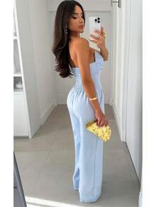 Women's Long Jumpsuit Tailored Strapless With Elastic On The Back Elegant Stylish Super - Màu xanh nhạt - Xem 3