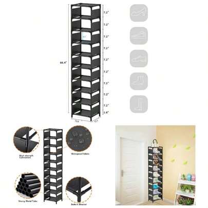 10 Tiers Vertical Shoe Rack, Tall Small Narrow Space Saving Shoe Storage Organizer Entryway Door Single Pairs Sturdy Shoe Shelf 10 Tiers Black33x 28x