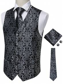 Plus Size Mens Waistcoat Grey Floral Vest Tuxedo Gilet Tie Pocket Square Cufflinks Set Wedding Formal Casual Business Party - 灰色 - 查看 1