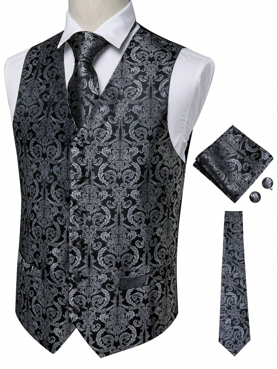 Plus Size Mens Waistcoat Grey Floral Vest Tuxedo Gilet Tie Pocket Square Cufflinks Set Wedding Formal Casual Business Party - 灰色 - 查看 1