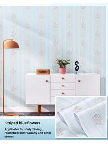 1 Roll Of Thickened Striped Self-Adhesive Wall Decoration Stickers For Living Room And Bedroom TV Background Wall Waterproof And Moisture-Proof Wipeable Wallpaper Wall Paper Wall Stickers Room Decor - Striped White Background With Pink Flowers - View 2