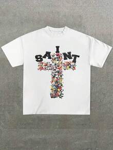 Featuring Saint Cross Design ,Casual Print,Comfortable And Versatile,Letter Pattern Pure Cotton 220g Printed T-Shirt,Unisex Style - 白色 - 查看 1