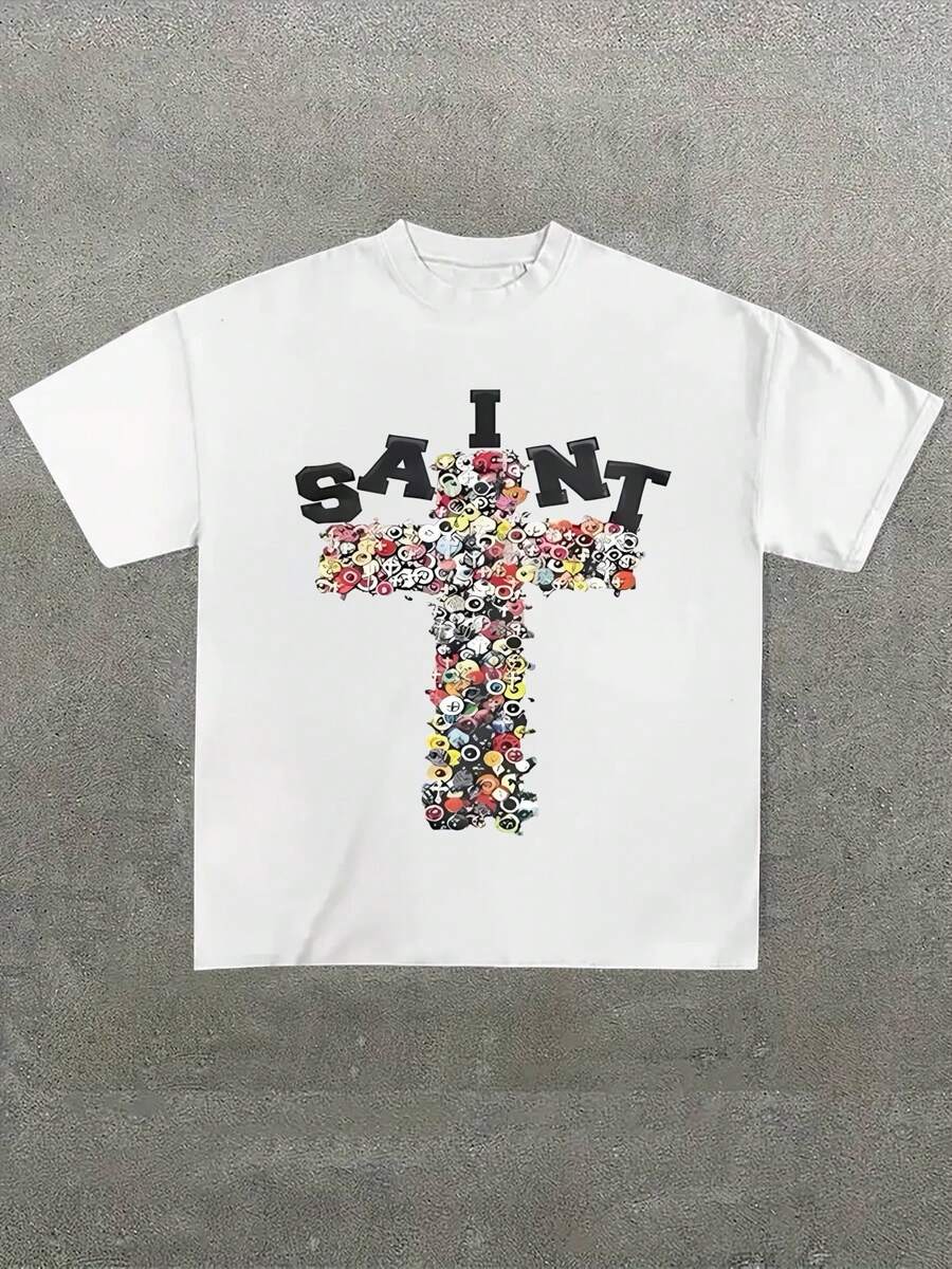 Featuring Saint Cross Design ,Casual Print,Comfortable And Versatile,Letter Pattern Pure Cotton 220g Printed T-Shirt,Unisex Style - 白色 - 查看 1