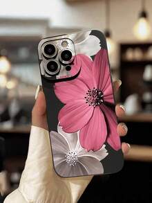 Flower 1pc Fashionable Floral Print Perforated Straight Edge Black Painted Anti-Drop Phone Case Compatible With IPhone 16/11/16pro/16plus/16promax/16e/15Promax/13/14/12/XS/XR/7G/8P, Compatible With Samsung Galaxy 11/12Pro/12/12X/13Pro/14Pro/15Pro/X3pro/, Compatible With Redmi 10/9/Note9/12c/Note11pro/Note8Pro/9C/9a, Anti-Drop Phone Protective Case