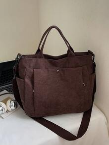 灯芯绒多口袋女士复古手提包，简约单肩/斜挎包，学生书包，办公手提包，大容量可折叠购物袋 - 棕色 - 查看 11