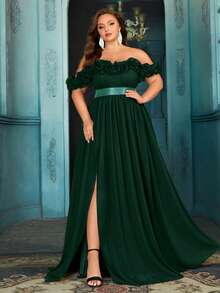 QOQ Noble Abendkleid für Damen Große Größen für formelle Anlässe, Geburtstagsfeiern, High Society Dinner, einfarbiges Kleid mit Blumen Dekor, Carmen-Ausschnitt