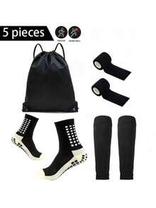 5pcs/Set Football Equipment Set, Including Waterproof Drawstring Bag, Non-Slip Football Socks, Leg Sleeves, Self-Adhesive Sports Bandage, High Leg Sleeves For Youth Sports Training