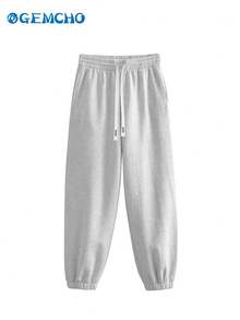 GEMCHO 女士涤纶运动裤，带口袋，针织面料略带弹性，休闲跑步慢跑裤，适合所有季节 - 灰色 - 查看 3