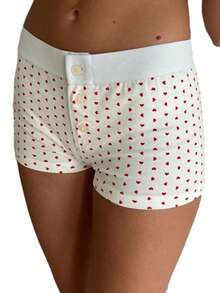 Women Cute Sleep Shorts Lounge Shorts Button Floral Print Low Rise Micro Shorts Slim Fit Pajama Bottoms - 紅愛心 - 查看 2