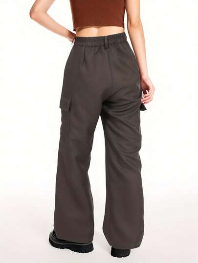 tooluck Women's Side Pocket Work Boot-Cut Overalls Solid Color Casual Pocket Zipper Button School Uniform Pants