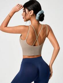 Leorrey 1pc Women's Fashion Sexy Criss-Cross Spaghetti Strap Ribbed Bodycon Soft Comfortable Sportswear - Khaki - View 6