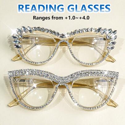 cabecade 2pcs Fashion Rhinestone Cat Eye Reading Glasses, Office & Computer Use, Reading Glasses, Computer Eyewear, Magnification From +1.0 To +4.0